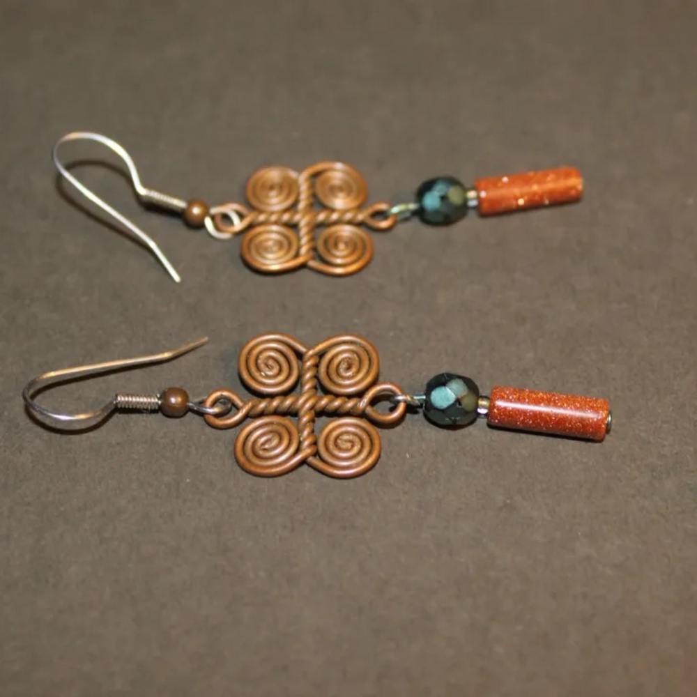 New Copper and Goldstone Beaded Earrings,Silver Wires